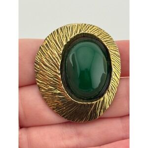Vintage Zentall Gold Tone Green Cabochon Brooch Pin